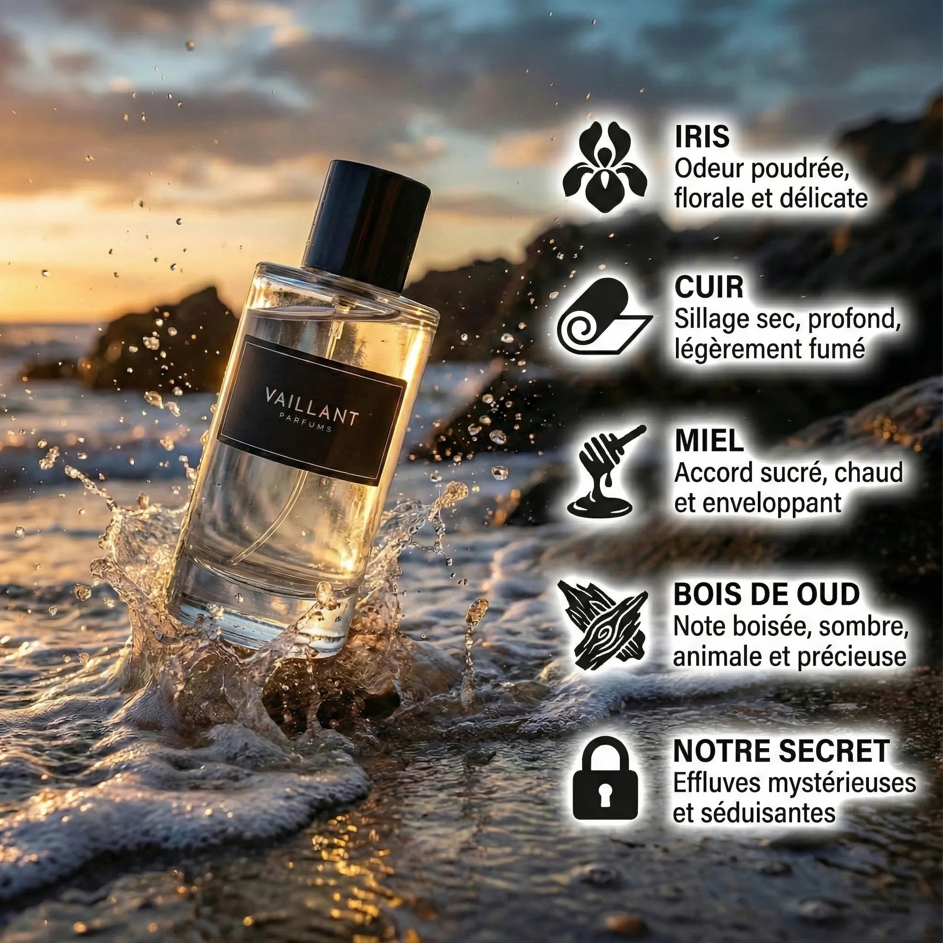 Bouteille de Parfum Vaillant avec ses ingrédients