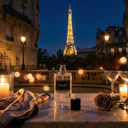 Parfum Vaillant Désir posé sur une table parisienne devant la tour Eiffel