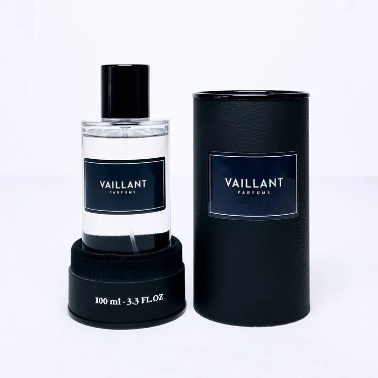 Flacon 100 ml de l'eau de parfum Parfum Vaillant présenté avec son étui noir