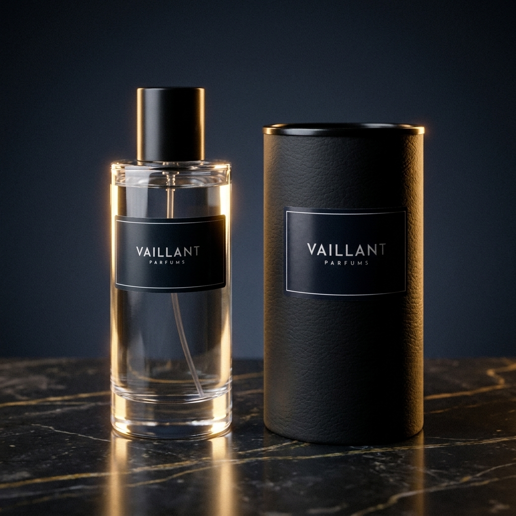 Flacon Parfum Vaillant Désir avec son étui noir sur marbre