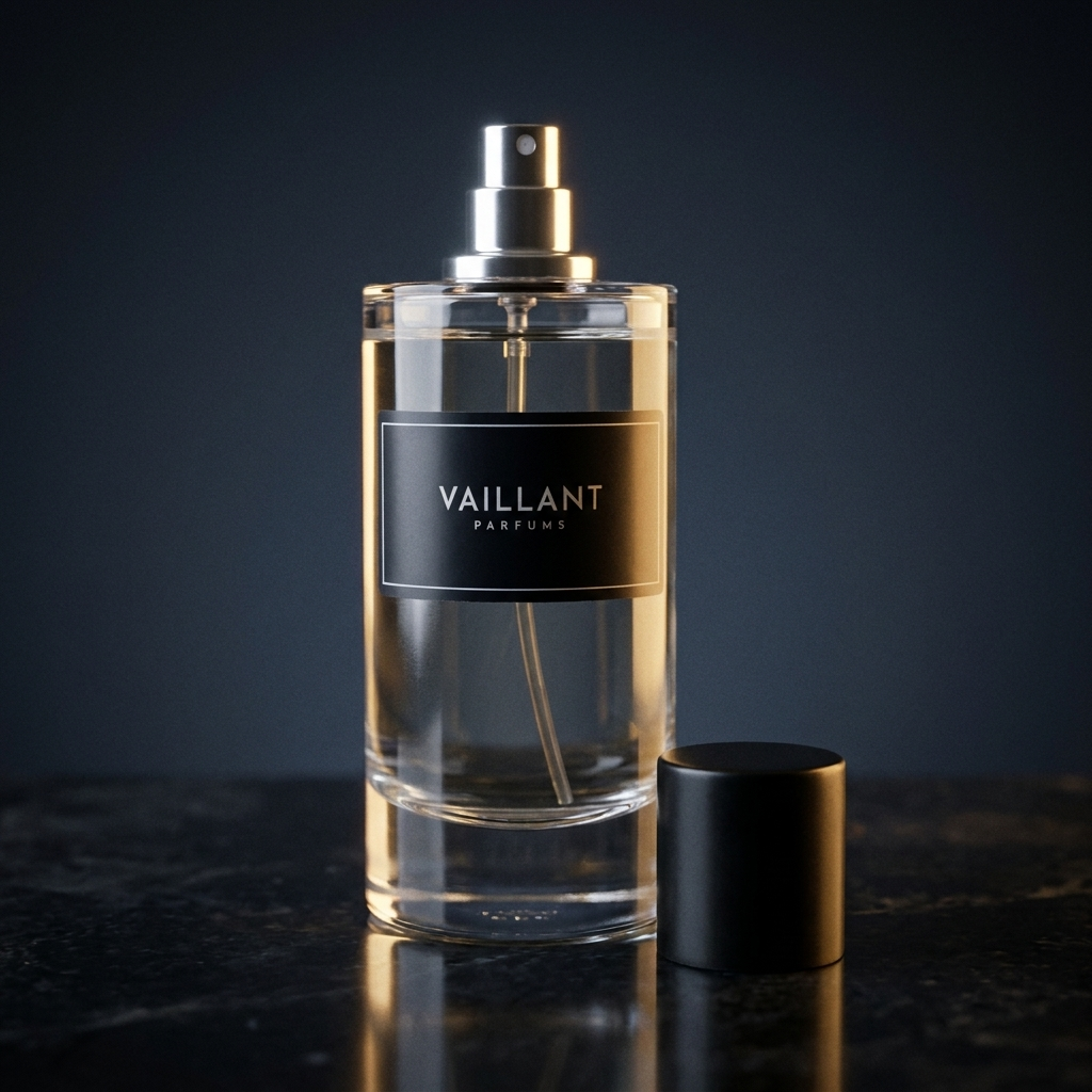 Flacon de l'eau de parfum Désir de Parfum Vaillant sur fond bleu nuit