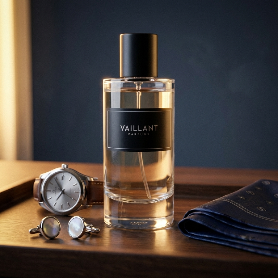 Flacon Parfum Vaillant Désir sur un valet de nuit avec montre et boutons de manchette