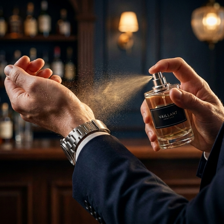 Homme vaporisant le flacon 50 ml de Parfum Vaillant sur son poignet