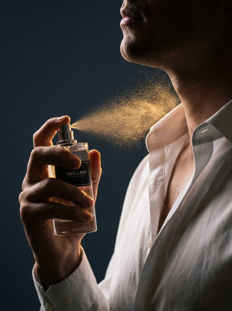 Homme vaporisant l'eau de parfum Parfum Vaillant dans le cou