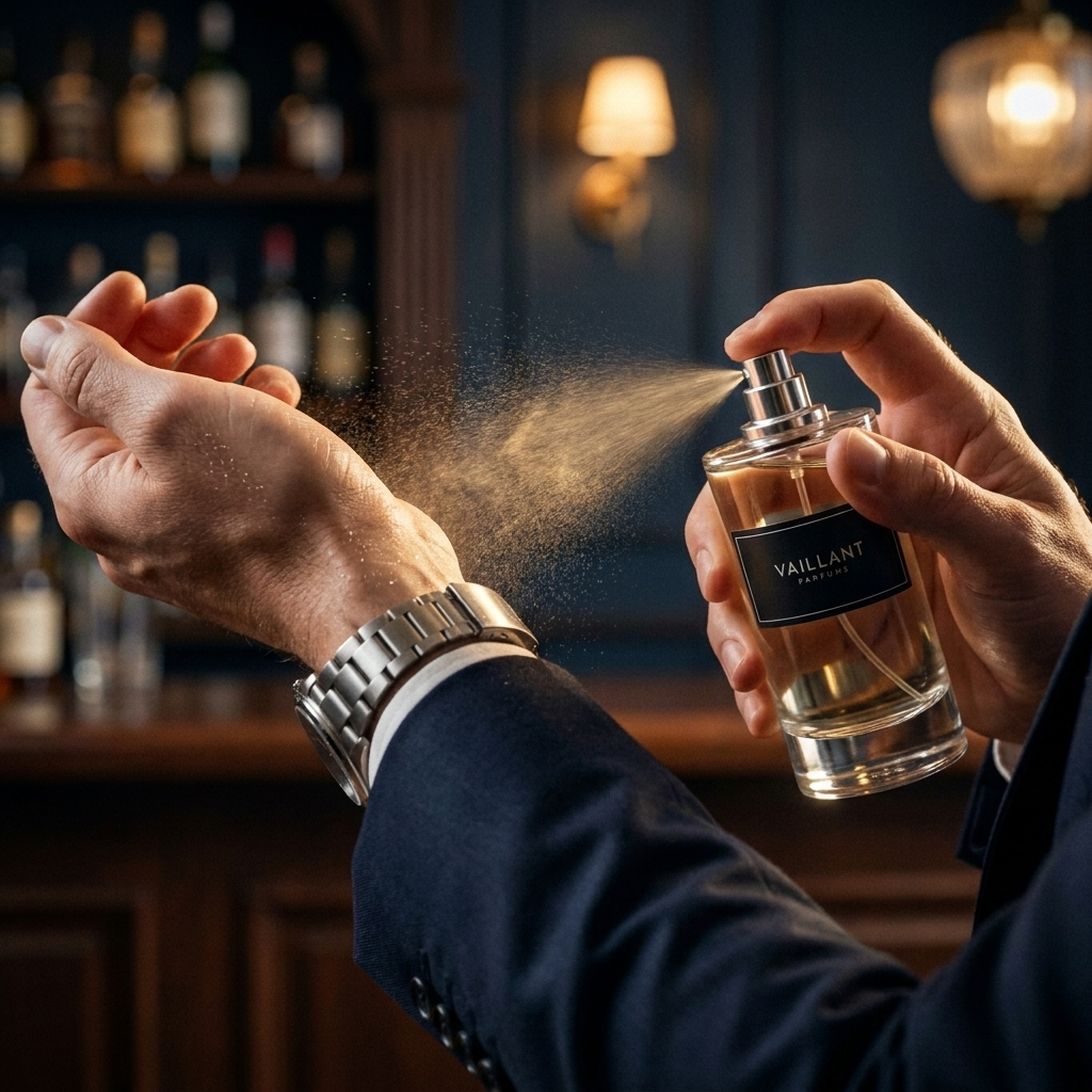 Homme vaporisant l’eau de parfum Parfum Vaillant sur son poignet