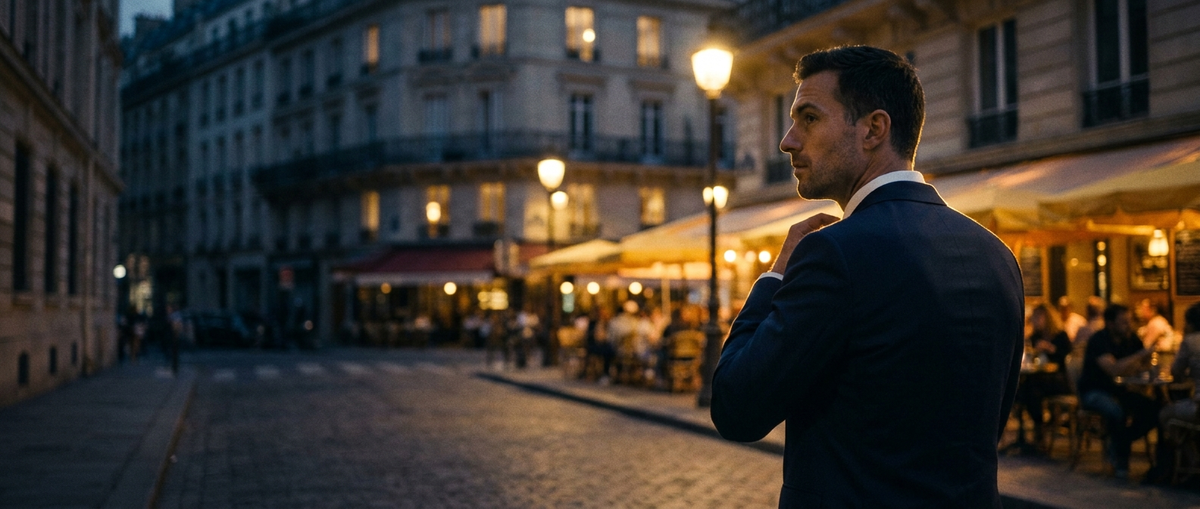 Homme en costume ajustant son col dans une rue de Paris la nuit