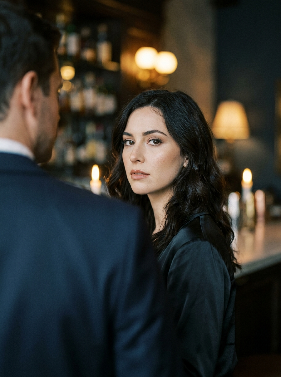 Regard féminin assuré par-dessus l’épaule d’un homme en costume, bar à la bougie